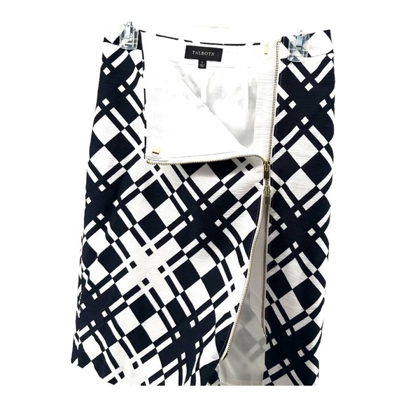 Talbots Women’s 2 Black White Skirt Pencil Zip Geometric Straight Office Career - Picture 4 of 12